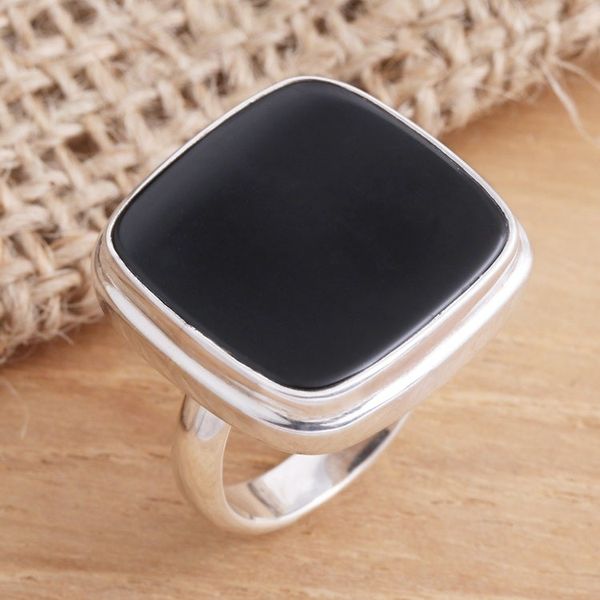 Alternate image for Square Black Onyx Cabochon Sterling Silver Cocktail Ring Black Tablet