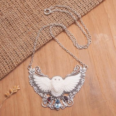 Alternate image for Owl-Themed Pendant Necklace with Garnet and Blue Topaz Gems Owls Amulets