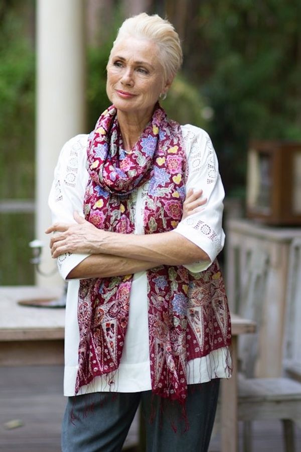 Alternate image for Artisan Crafted Batik Silk Shawl Wrap Wine Garden