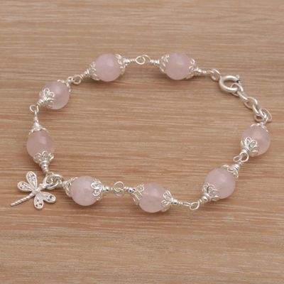Alternate image for Rose Quartz Bead Charm Bracelet Sterling Silver Dragonfly Moonlight Dragonfly in Rose