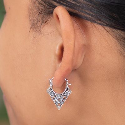 Alternate image for Floral Pointed Sterling Silver Hoop Earrings from Bali Floral Points