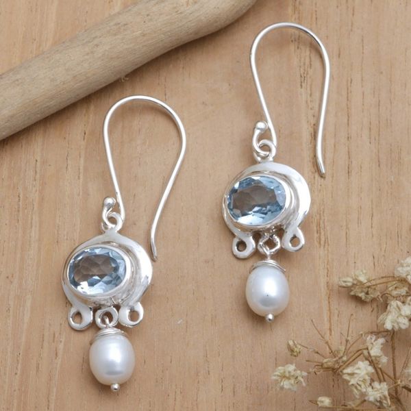 Alternate image for Blue Topaz and Pearl Silver Dangle Earrings Sky Fantasy