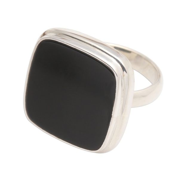Alternate image for Square Black Onyx Cabochon Sterling Silver Cocktail Ring Black Tablet