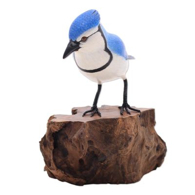 Alternate image for Hand-Painted Wood Blue Jay Sculpture from Bali Perched Blue Jay