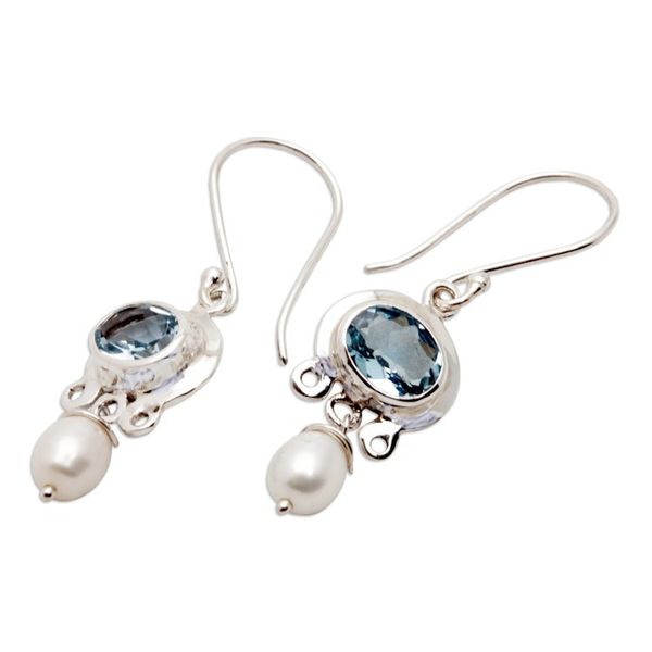 Alternate image for Blue Topaz and Pearl Silver Dangle Earrings Sky Fantasy