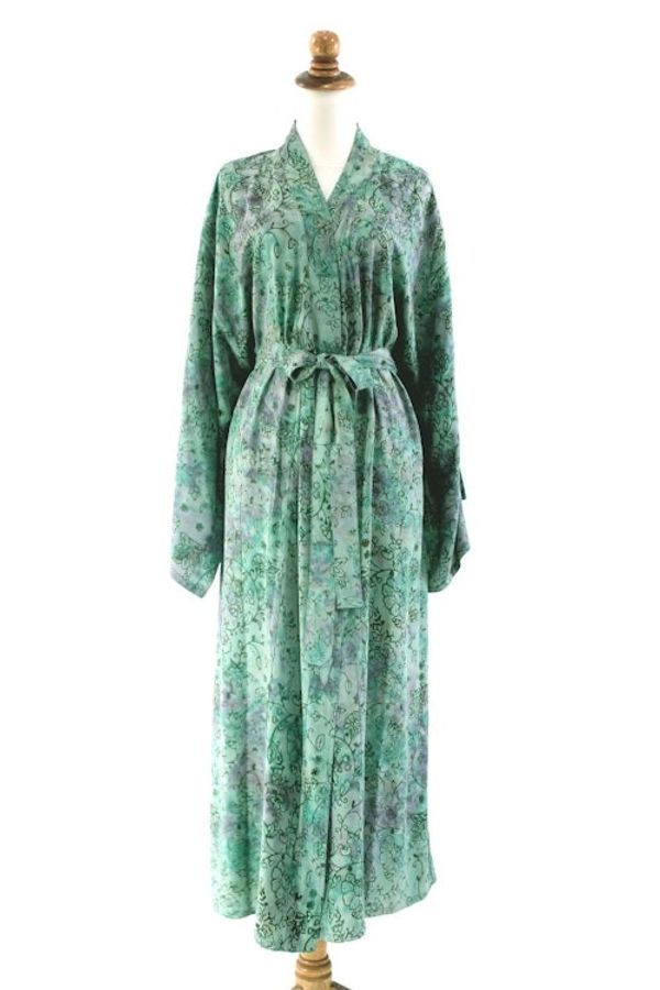 Alternate image for Artisan Crafted Womens Rayon Batik Robe Misty Javanese Forest