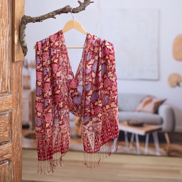 Alternate image for Artisan Crafted Batik Silk Shawl Wrap Wine Garden