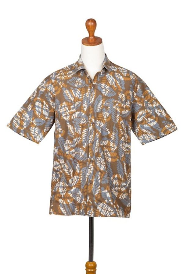 Alternate image for Mens Short-Sleeved Brown Cotton Batik Shirt from Bali Brown Leaf Shadows