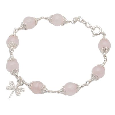 Alternate image for Rose Quartz Bead Charm Bracelet Sterling Silver Dragonfly Moonlight Dragonfly in Rose