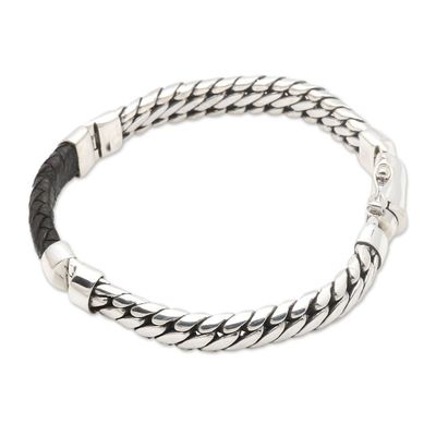 Alternate image for Polished Sterling Silver and Leather Mens Bracelet Bridge in Black