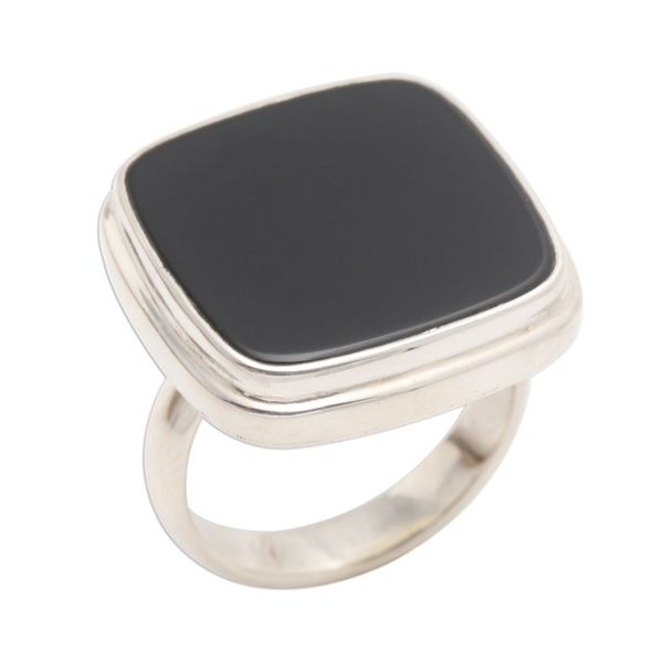 Alternate image for Square Black Onyx Cabochon Sterling Silver Cocktail Ring Black Tablet
