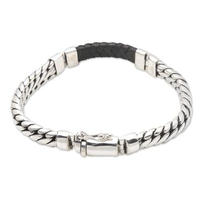 Alternate image for Polished Sterling Silver and Leather Mens Bracelet Bridge in Black