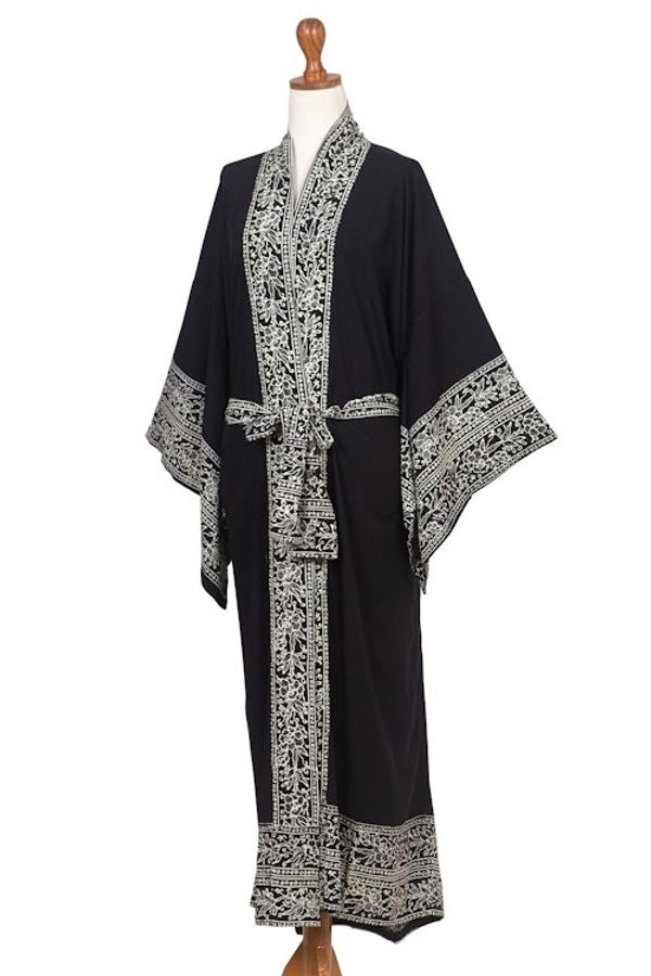 Alternate image for Indonesian Floral Patterned Black and Ivory Robe Batik Midnight