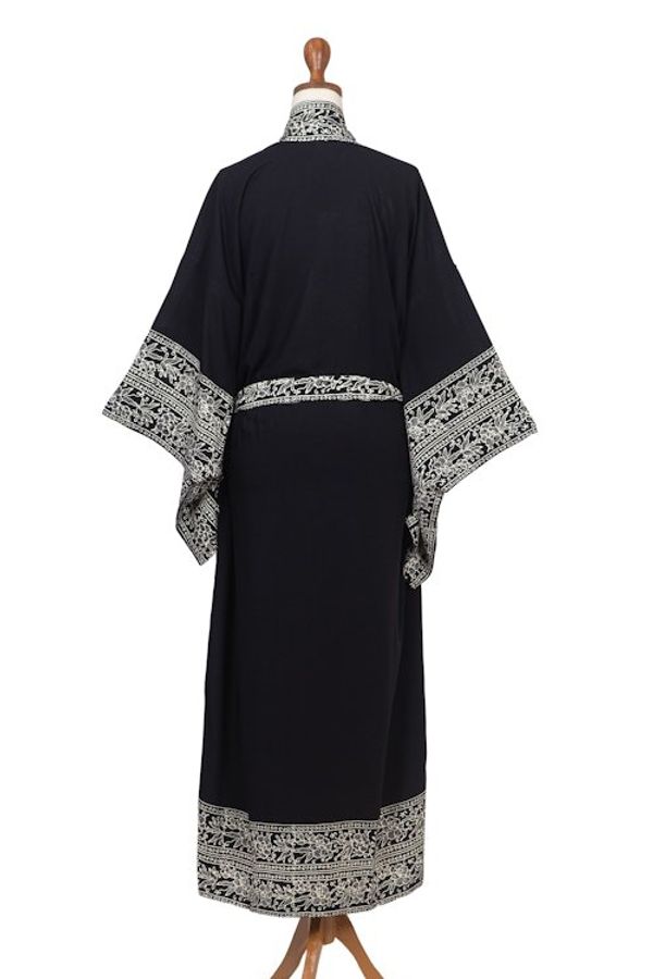Alternate image for Indonesian Floral Patterned Black and Ivory Robe Batik Midnight