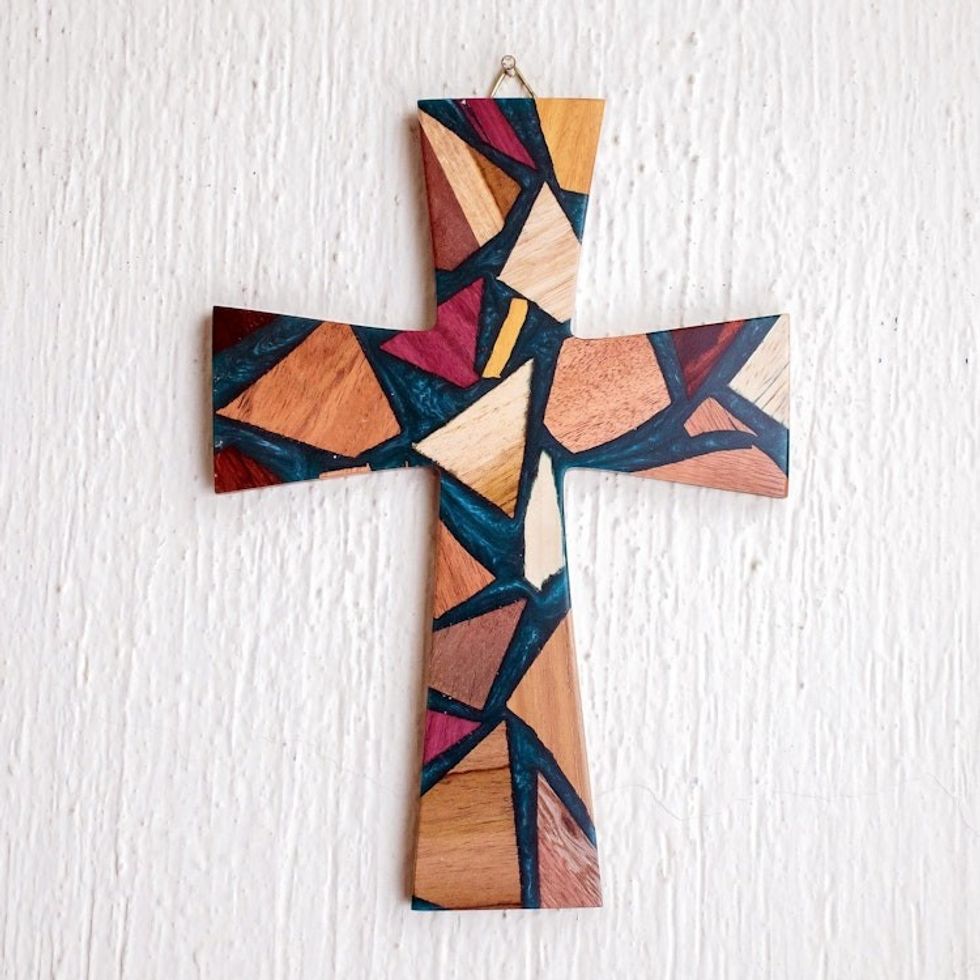 Reclaimed Wood and Resin Wall Cross 'Faith and Hope in Teal'