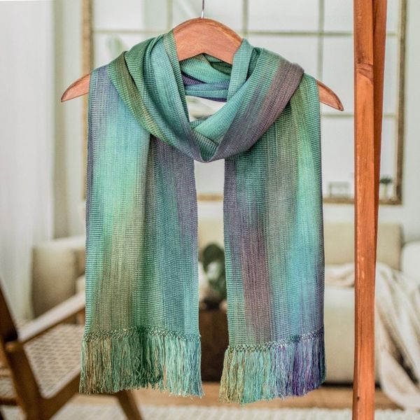 Alternate image for Purple Green Hand Crafted Rayon Scarf Iridescent Pastels