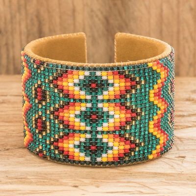 Alternate image for Beaded Leather and Suede Cuff Bracelet Handmade in Guatemala Geometric Diversity