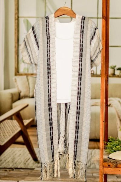 Alternate image for Handwoven Striped Cotton Kimono Jacket from Guatemala Time of Elegance