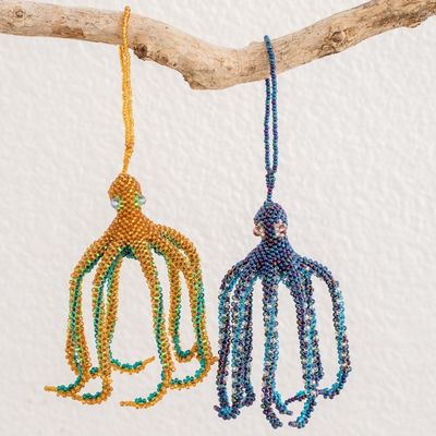 Alternate image for Hand-Beaded Glass Octopus Ornaments from Guatemala Pair Marine Beauty