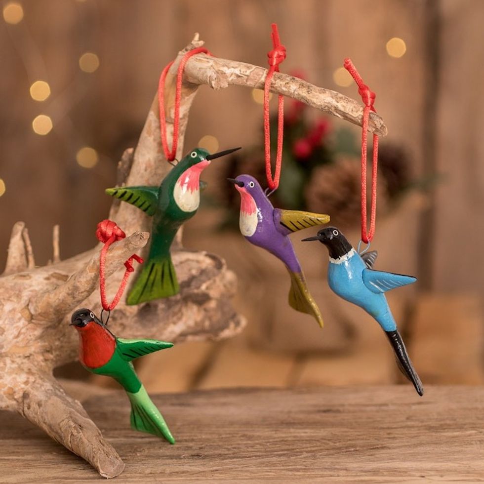 Hand-Painted Ceramic Hummingbird Ornaments Set of 4 'Lively Hummingbirds'