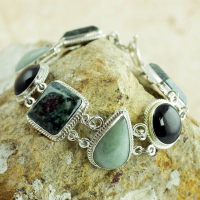 Alternate image for Green and Black Jade on Sterling Silver Bracelet Natural Geometry