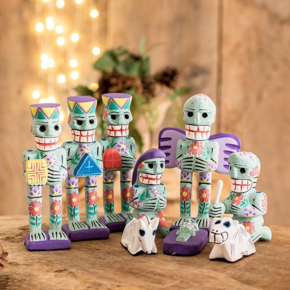 Artisan Crafted 9-Piece Day of the Dead Theme Nativity Scene 'Calaveras'