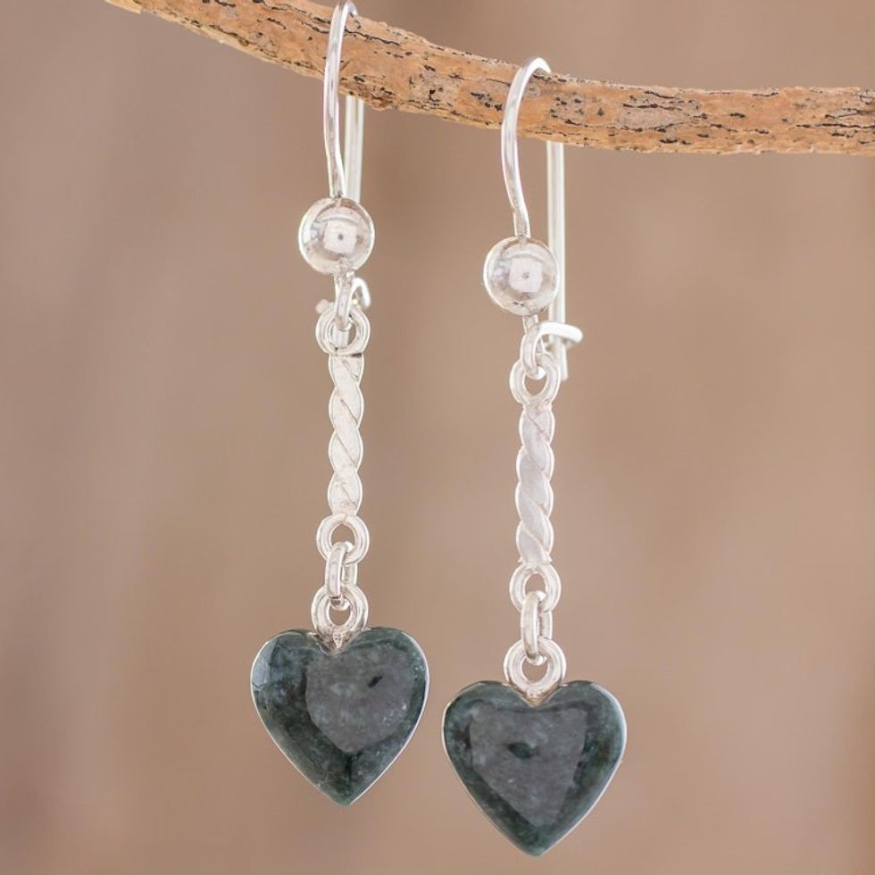 Heart-Shaped Dark Green Jade Dangle Earrings from Guatemala 'Dark Green Spirals of Love'