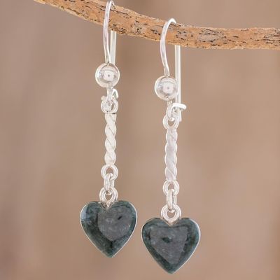 Alternate image for Heart-Shaped Dark Green Jade Dangle Earrings from Guatemala Dark Green Spirals of Love
