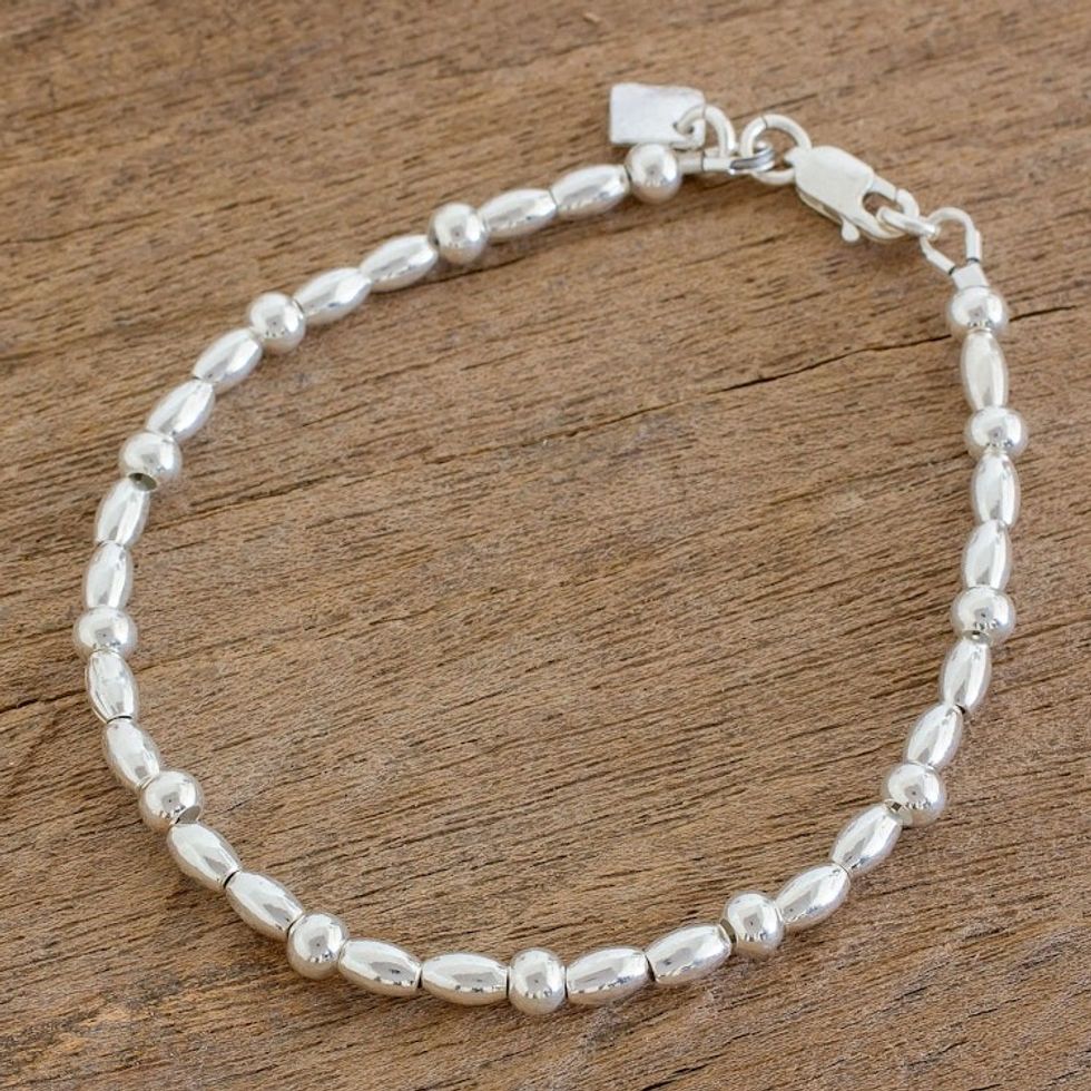 High-Polish Sterling Silver Beaded Bracelet from Guatemala 'Gleaming Combination'