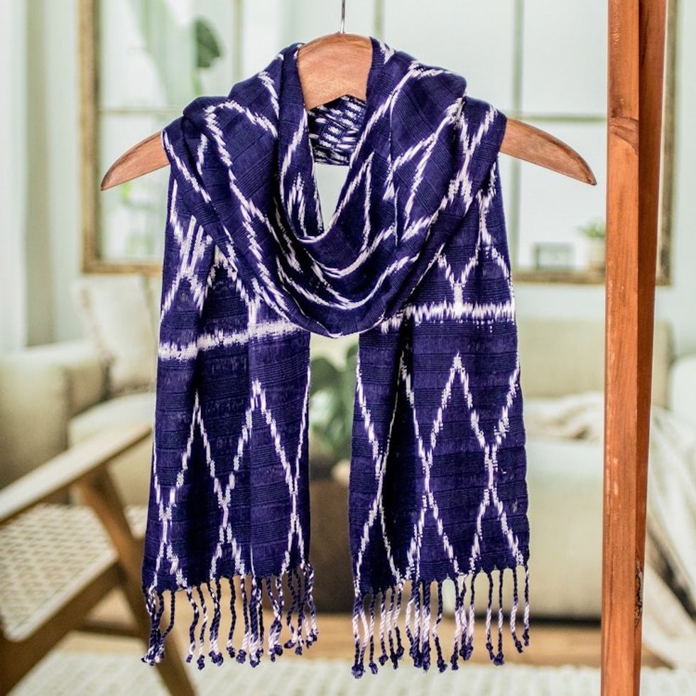 Hand Woven Violet and White Ikat Scarf 'Silhouette in Violet'