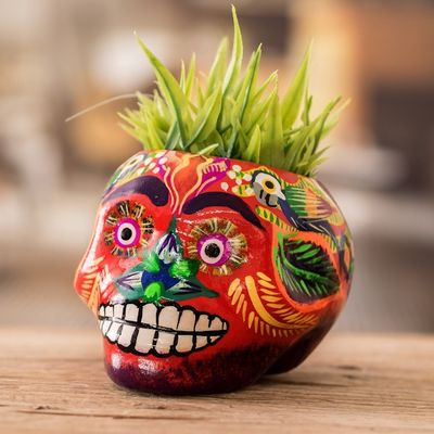 Alternate image for Multicolor Skull-Like Ceramic Mini Flower Pot from Guatemala Herbaceous Cranium