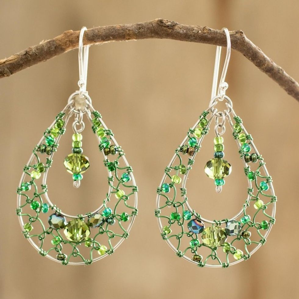 Double Drop Dangle Earrings with Green Crystals and Filigree 'Green Drop Sparkle'