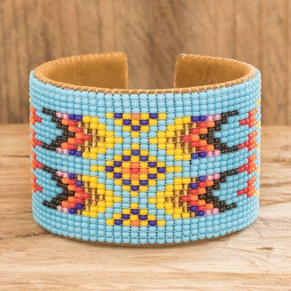 Alternate image for Beaded Leather and Suede Cuff Bracelet Handmade in Guatemala Native Designs in Light Blue