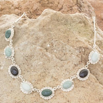 Alternate image for Guatemalan Hand Crafted Multi Color Jade and Silver Necklace Colorful Dahlias