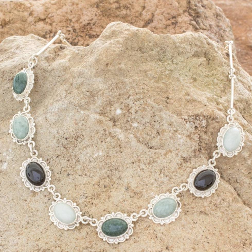Guatemalan Hand Crafted Multi Color Jade and Silver Necklace 'Colorful Dahlias'