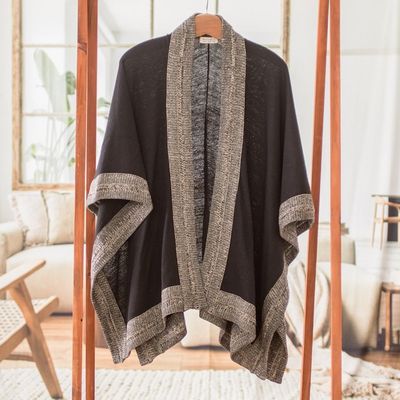 Alternate image for Bordered Black Cotton Ruana Handloomed in Guatemala Nocturnal Valley