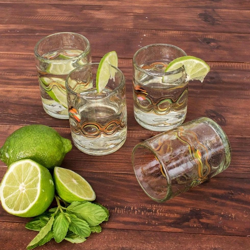 Hand Blown Recycled Juice Glasses Set of 4 from Guatemala 'Orange Reefs'