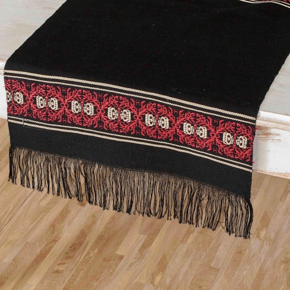 Black and Red Table Runner 'Peten Flowers'