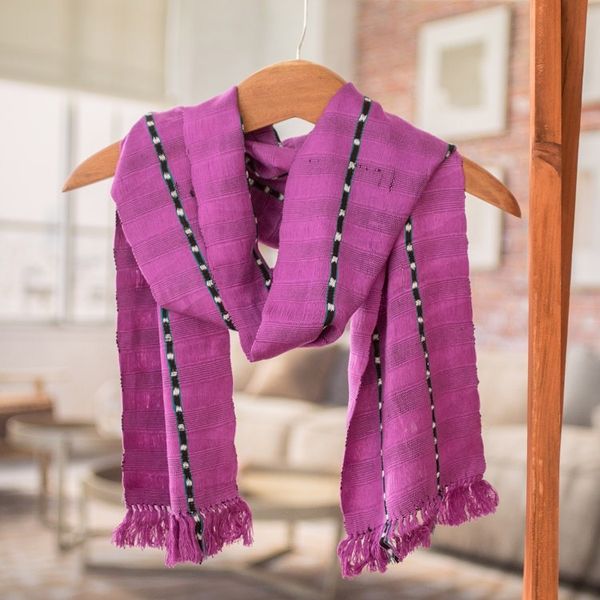 Alternate image for Handwoven Striped Cotton Scarf in Wisteria from Guatemala Youthful Spring
