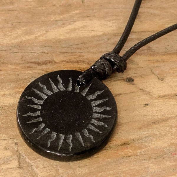 Alternate image for Carved Sun on Black Jade Round Pendant Cord Necklace Total Eclipse