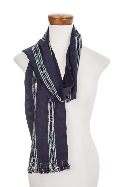 Alternate image for Handwoven Cotton Wrap Scarf in Navy from Guatemala Ocean Subtlety