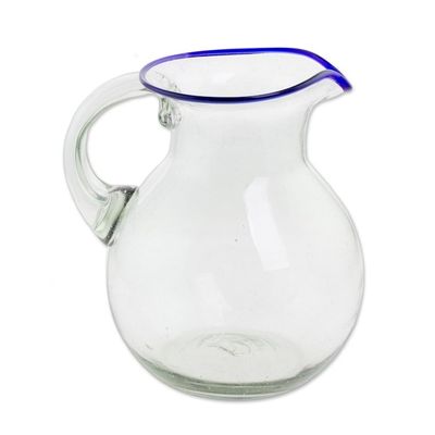 Alternate image for Clear Blue Rimmed Hand Blown Recycled Glass Pitcher Clear Seas