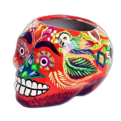 Alternate image for Multicolor Skull-Like Ceramic Mini Flower Pot from Guatemala Herbaceous Cranium