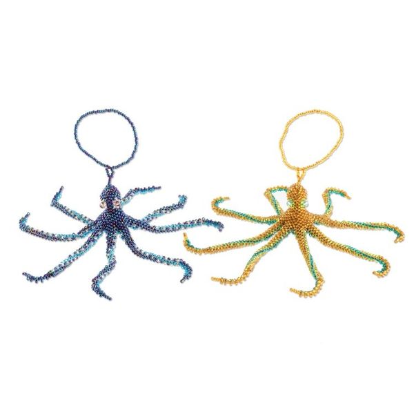 Alternate image for Hand-Beaded Glass Octopus Ornaments from Guatemala Pair Marine Beauty