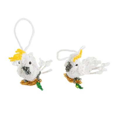 Alternate image for Glass Beaded White Cockatoo Ornaments from Guatemala Pair White Cockatoos