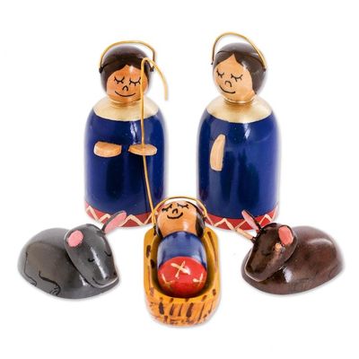 Alternate image for 6 Piece Artisan Crafted Wood Nativity Scene in Royal Blue Holy Family in Royal Blue