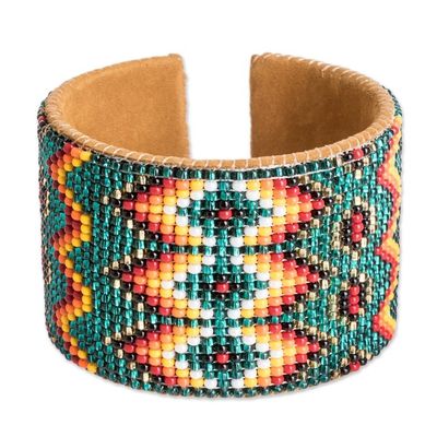 Alternate image for Beaded Leather and Suede Cuff Bracelet Handmade in Guatemala Geometric Diversity