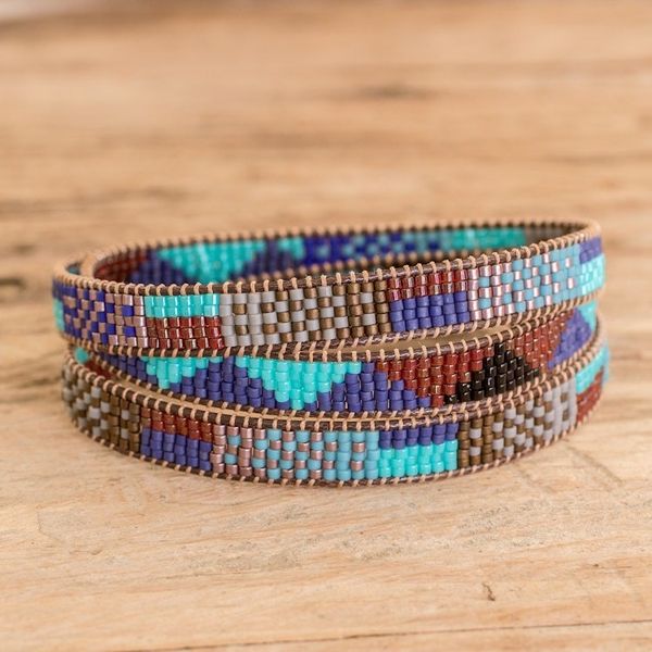 Alternate image for Geometric Glass Beaded Wrap Bracelet in Cool Palette Geometric Tradition