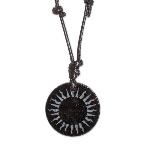 Alternate image for Carved Sun on Black Jade Round Pendant Cord Necklace Total Eclipse