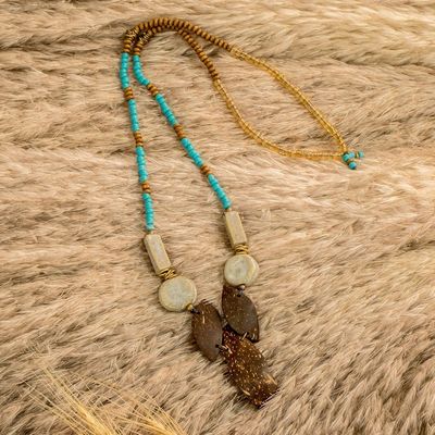 Alternate image for Handmade Coconut Shell Ceramic and Glass Beaded Y Necklace Fallen Leaves